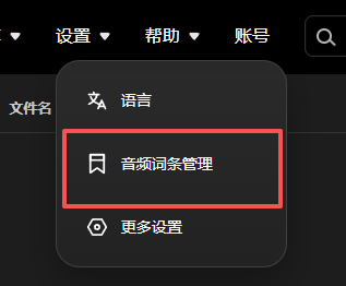 设置菜单中的音频词条管理入口